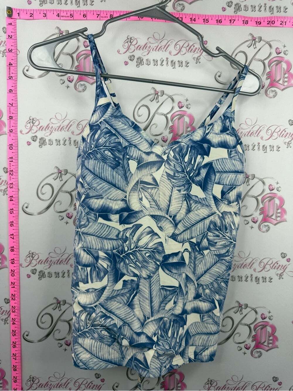 La Vie En Rose tankini top tiki Blue & White Tropical Leaf Cami